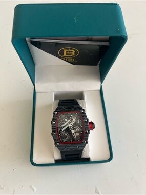 BiBi Black Watch with Red Accents and Skeleton Dial